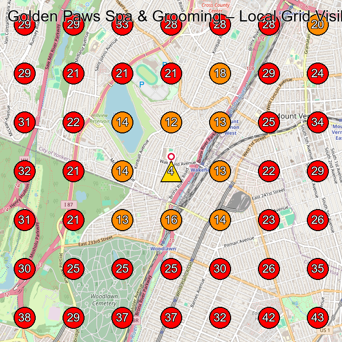 Golden Paws Spa & Grooming GeoGrid visibility map for Pet Groomer in Bronx